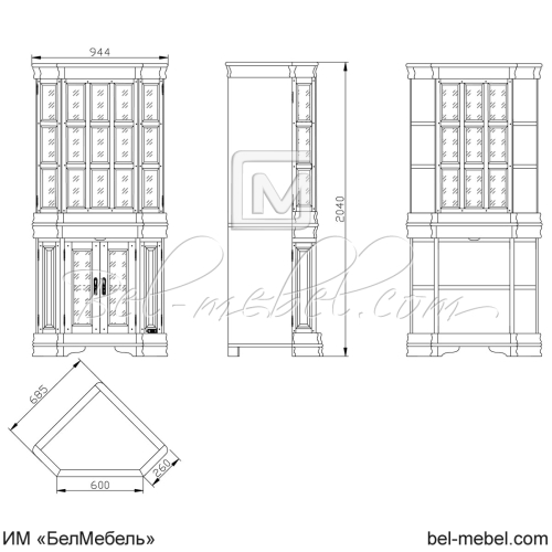 Шкаф с витриной угловой "Маэстро" эскиз 109