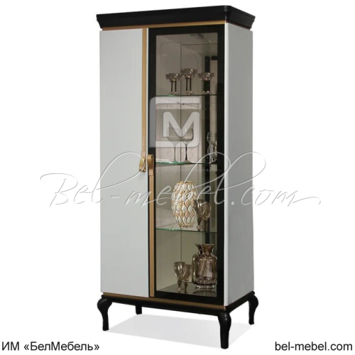 Шкаф с витриной Милана ММ-329-02 Альба + черная эмаль с золотом