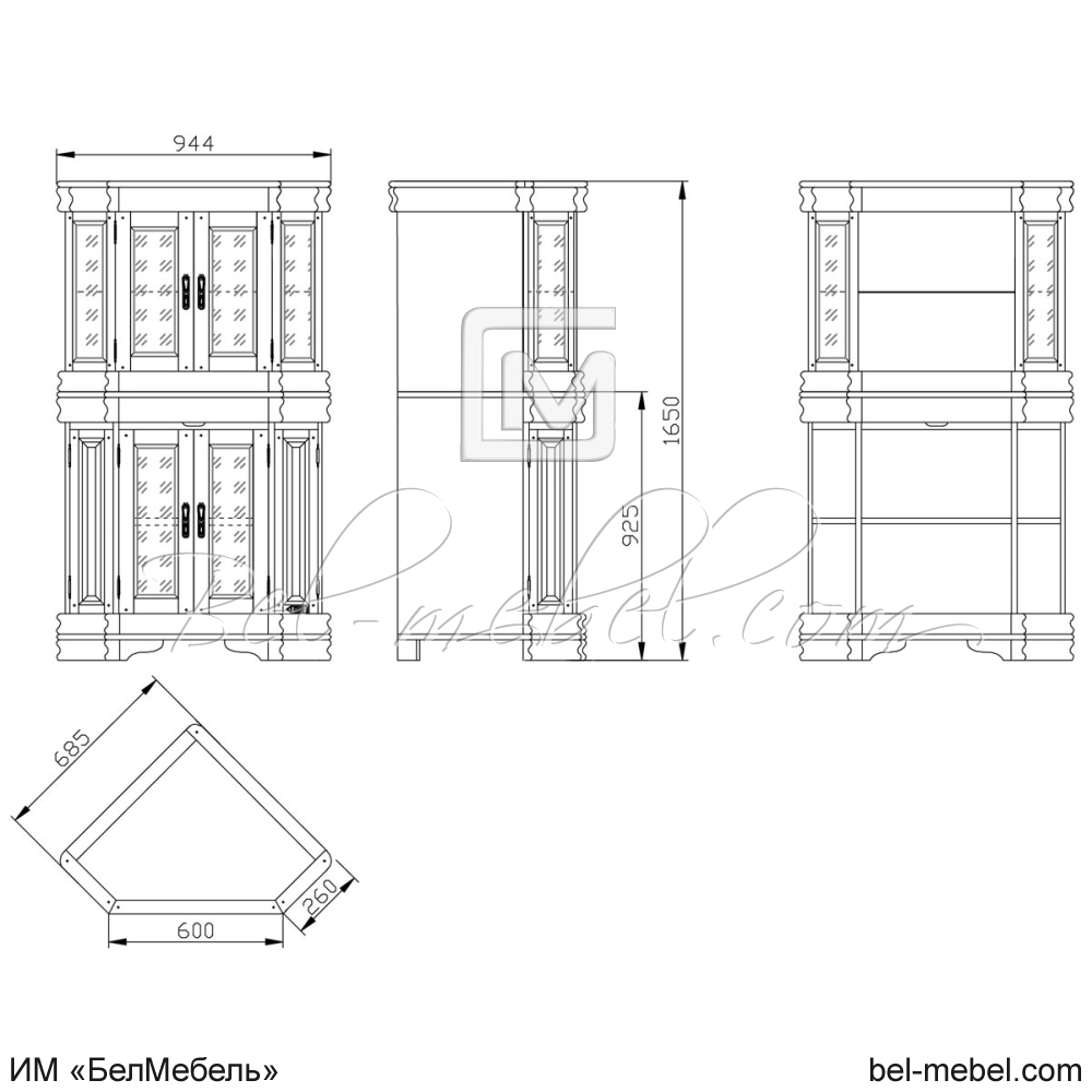 Шкаф с витриной угловой "Маэстро" эскиз 106