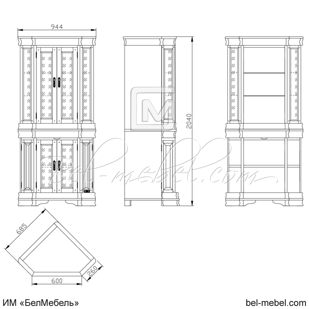 Шкаф с витриной угловой "Маэстро" эскиз 110
