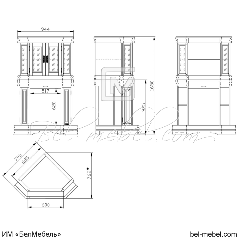 Шкаф с витриной угловой "Маэстро" эскиз 104 (портал камина)