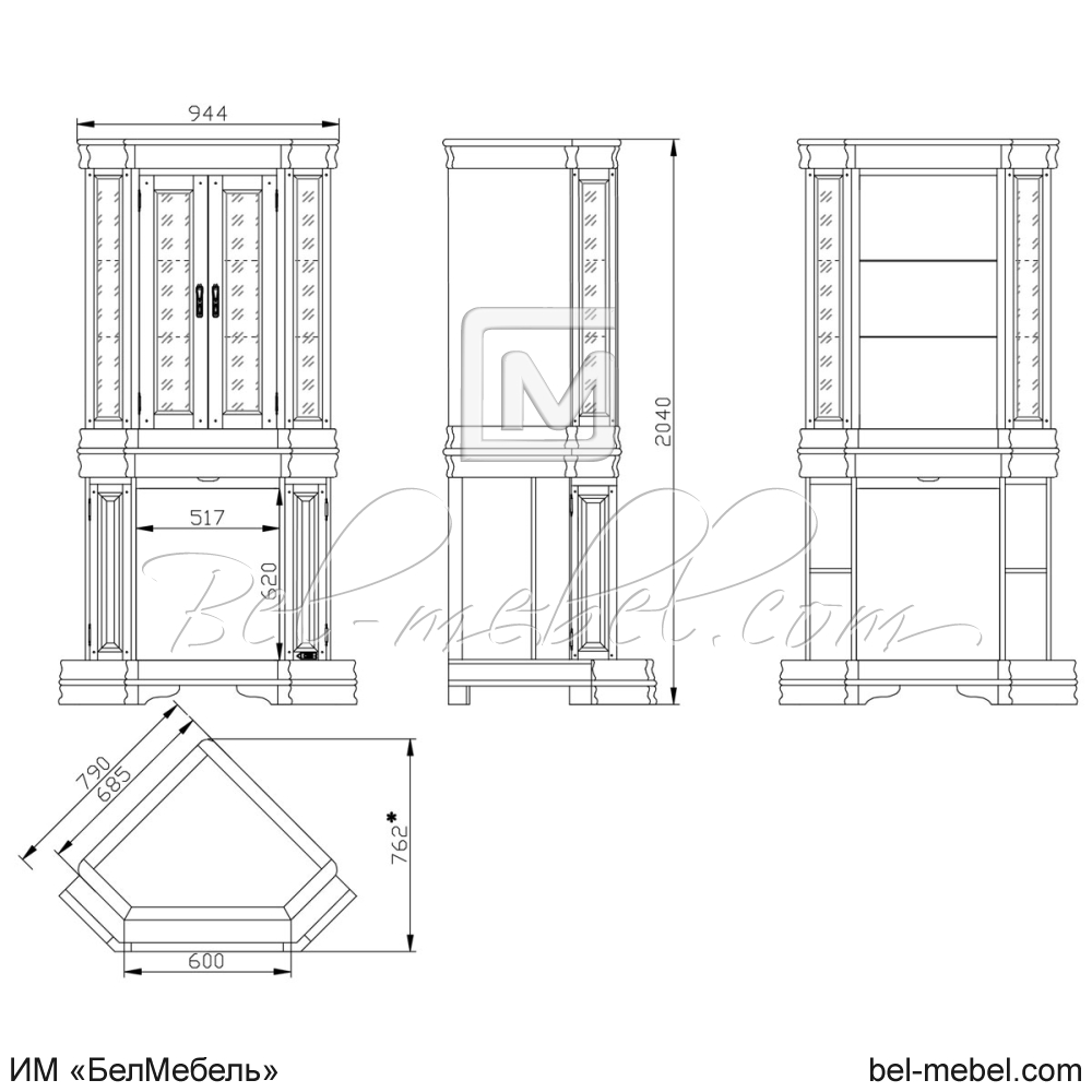 Шкаф с витриной угловой "Маэстро" эскиз 108 (портал камина)