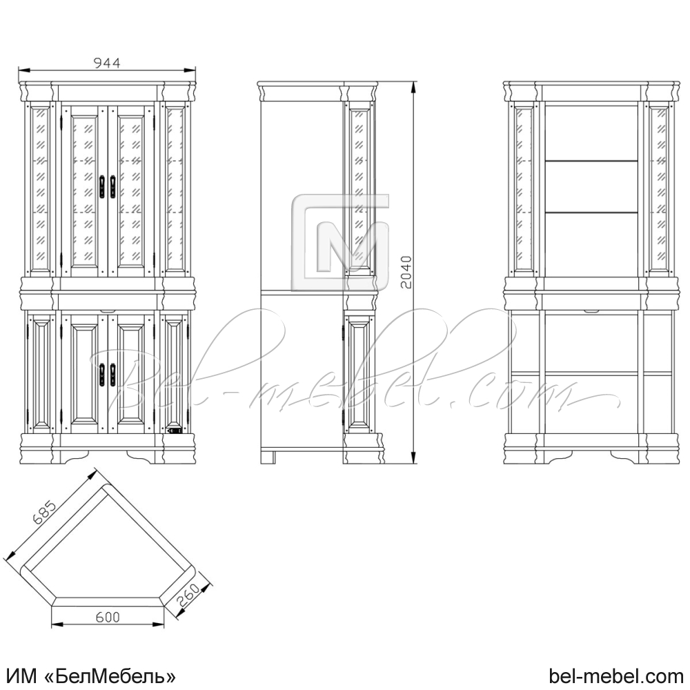 Шкаф с витриной угловой "Маэстро" эскиз 111