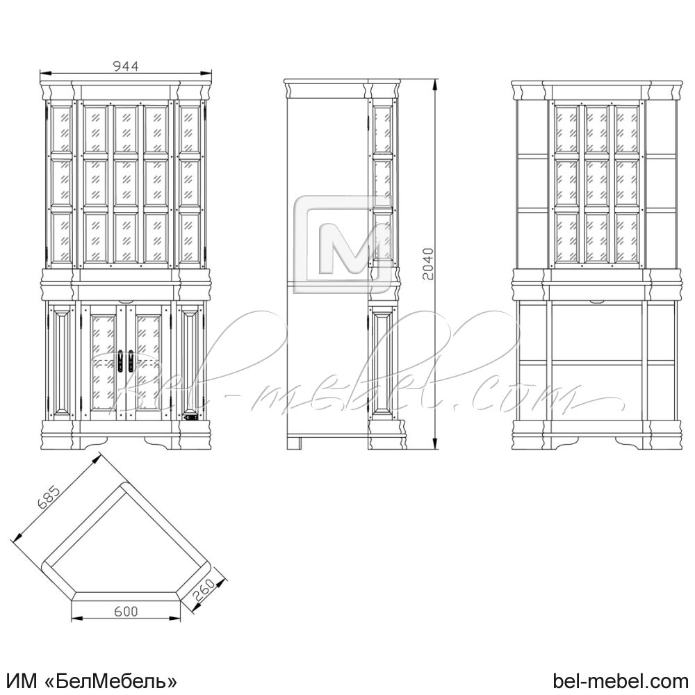 Шкаф с витриной угловой "Маэстро" эскиз 109