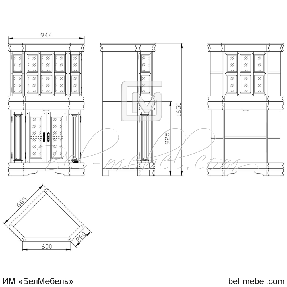 Шкаф с витриной угловой "Маэстро" эскиз 105